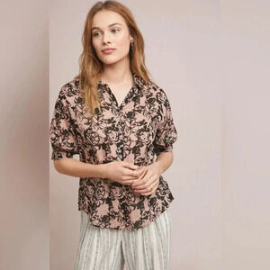 Velvet by Graham & Spencer Pink Black Floral Button Down Shirt Size L